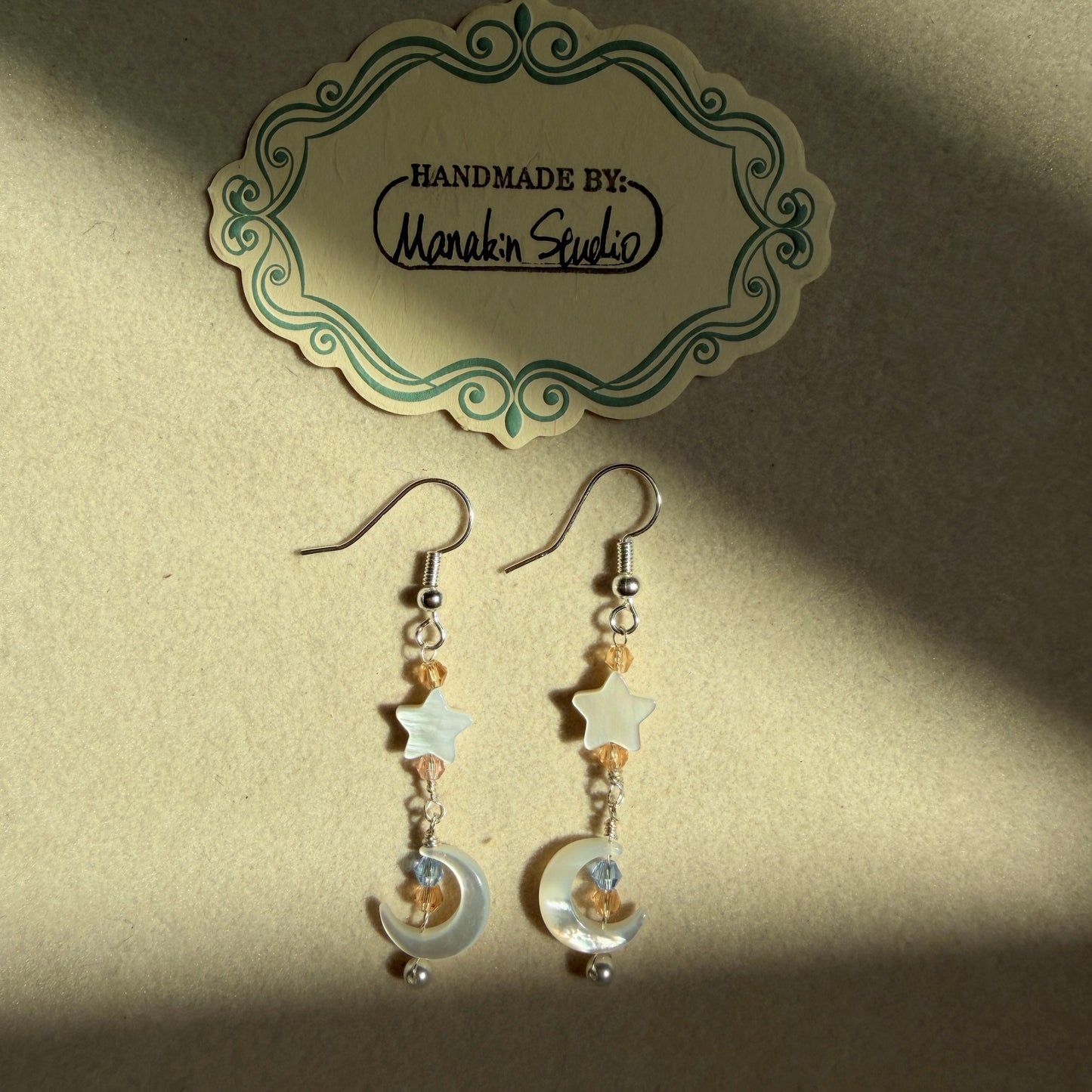 Handmade Mother of Pearl Crescent Moon & Star Dangle Earrings