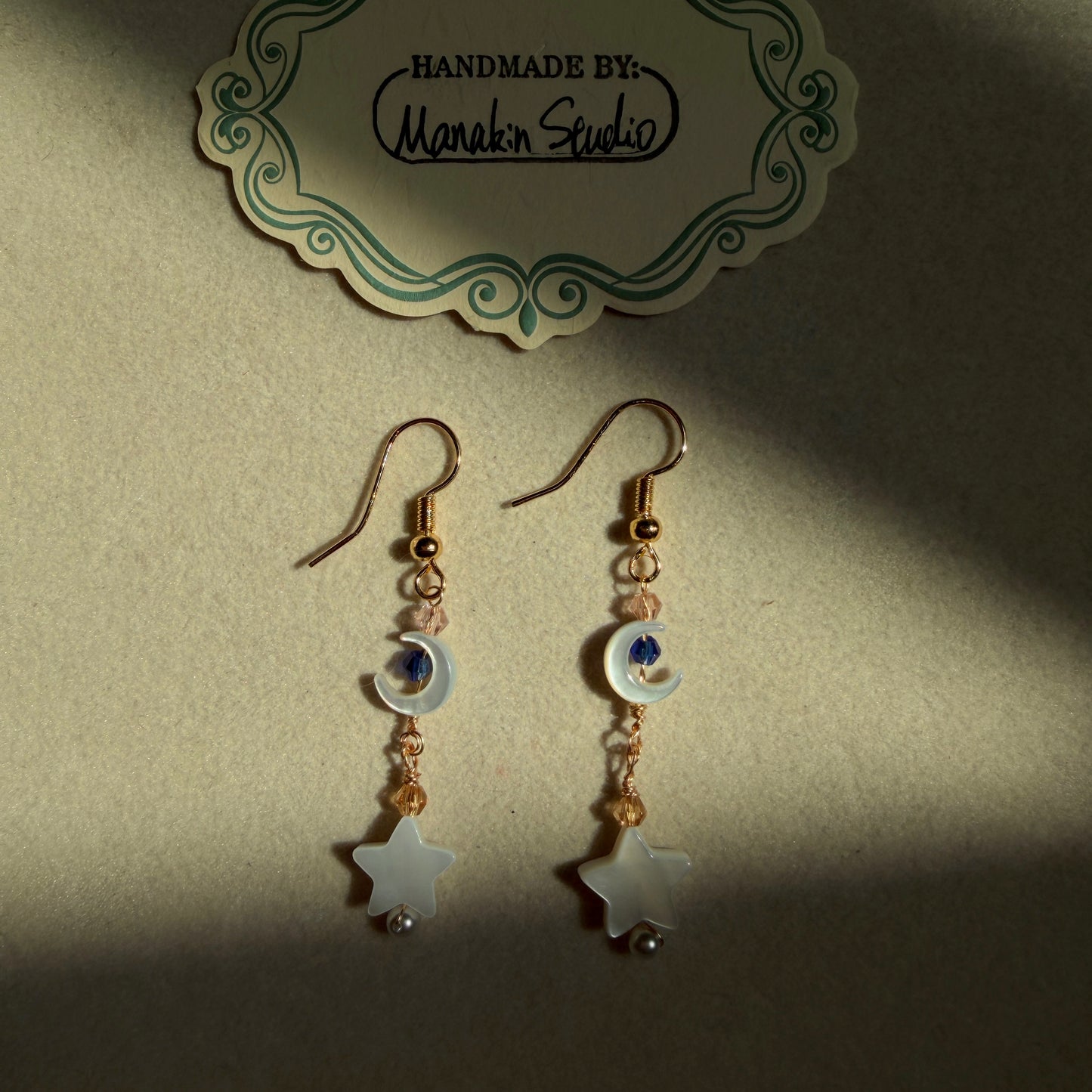 Handmade Mother of Pearl Crescent Moon & Star Dangle Earrings