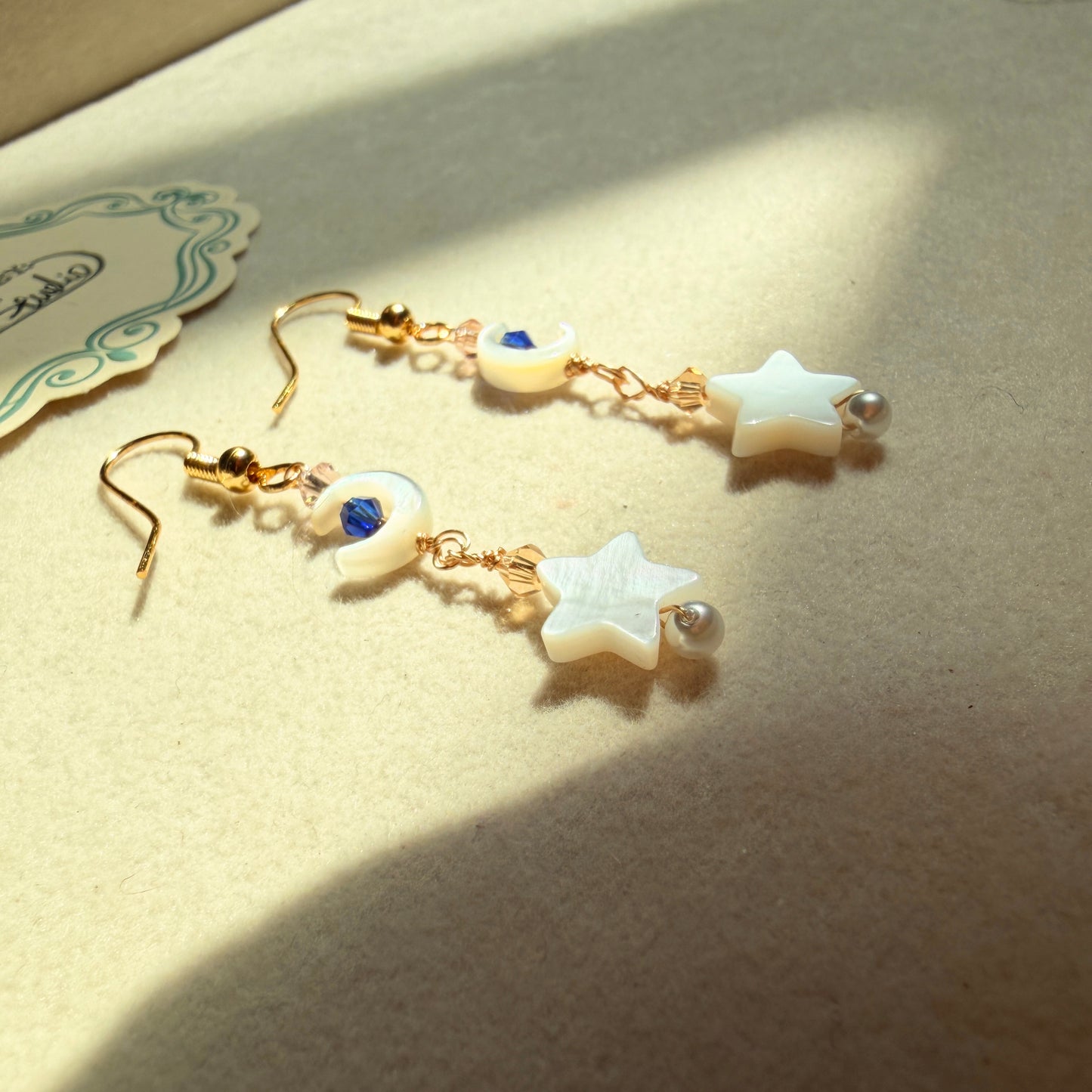 Handmade Mother of Pearl Crescent Moon & Star Dangle Earrings