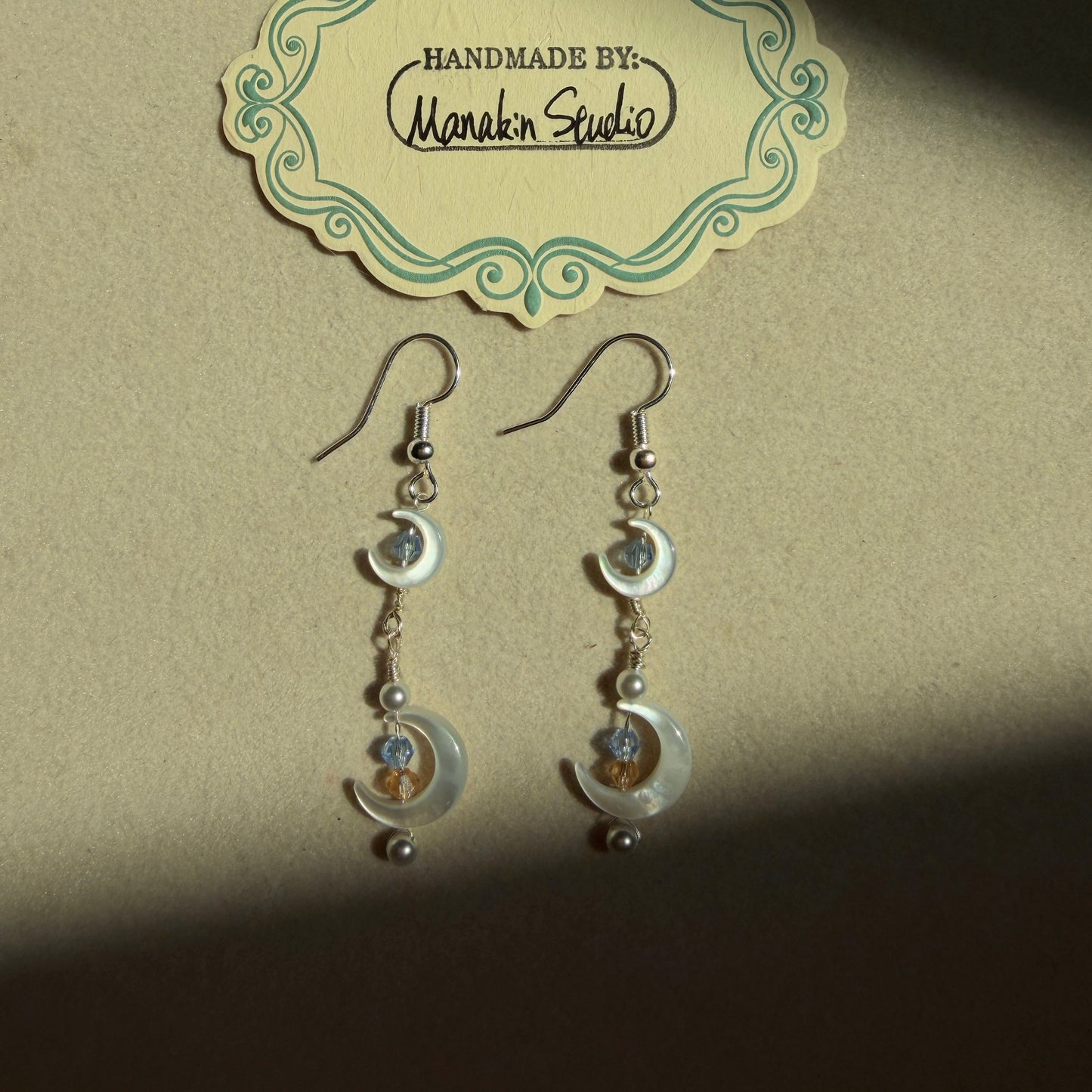 Handmade Mother of Pearl Crescent Moon & Star Dangle Earrings