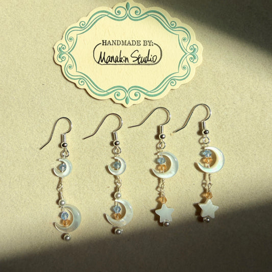 Handmade Mother of Pearl Crescent Moon & Star Dangle Earrings
