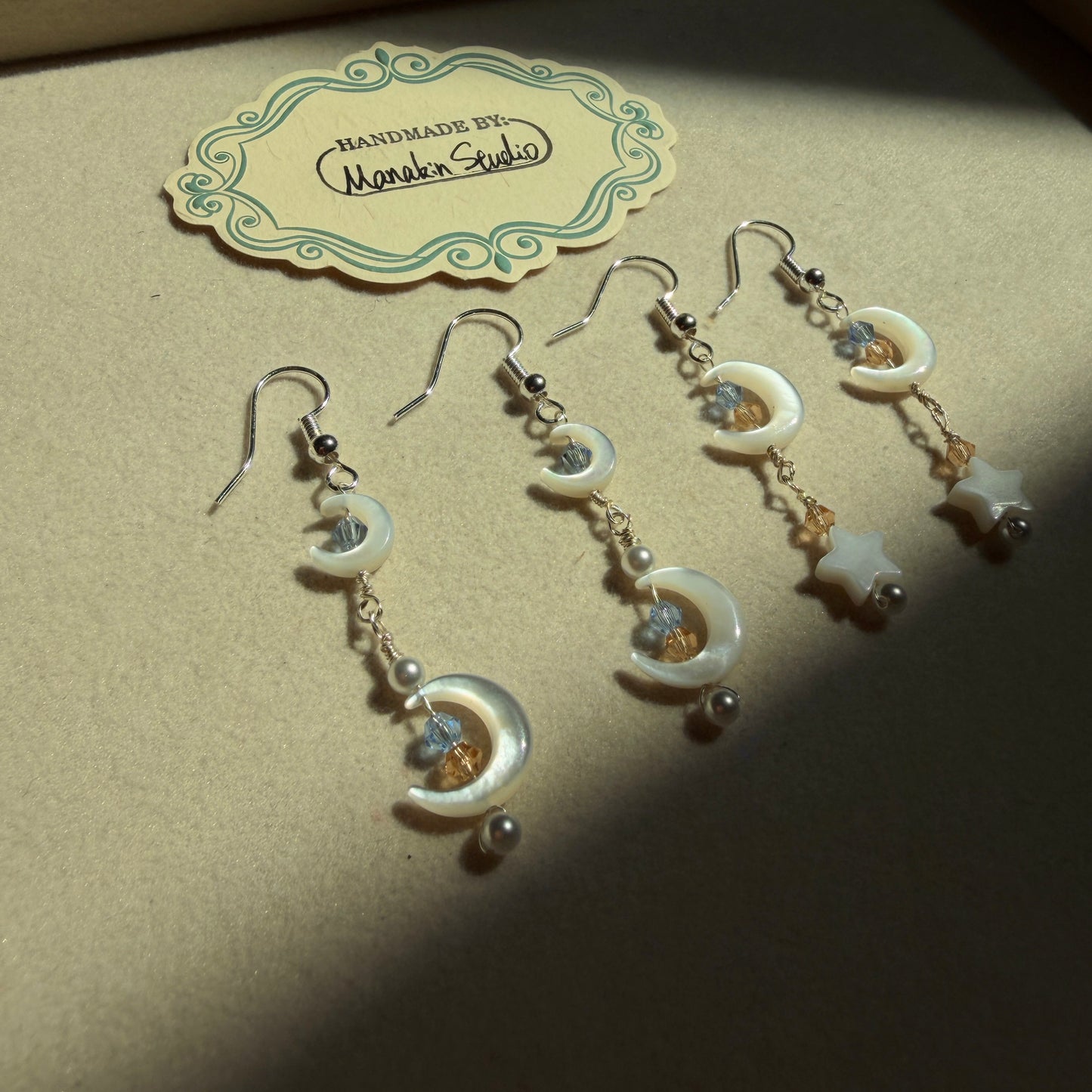 Handmade Mother of Pearl Crescent Moon & Star Dangle Earrings