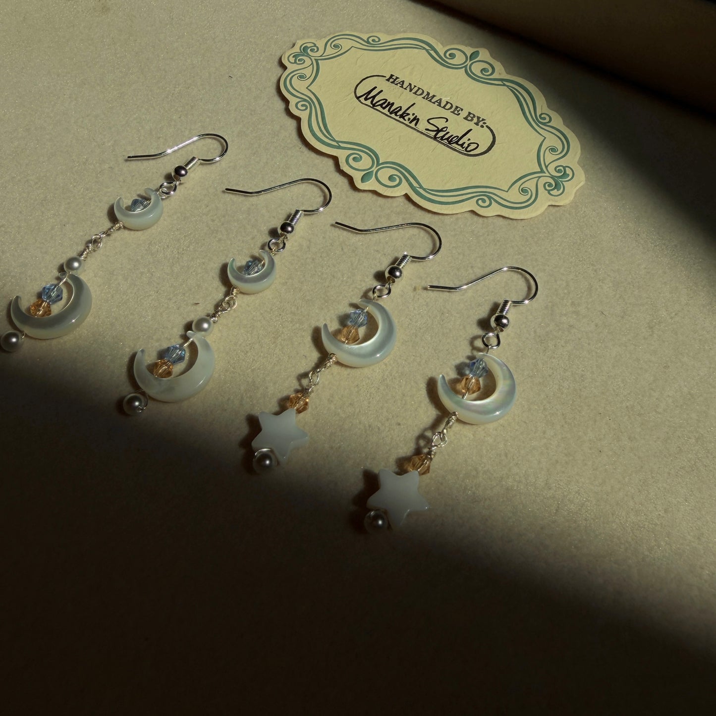 Handmade Mother of Pearl Crescent Moon & Star Dangle Earrings