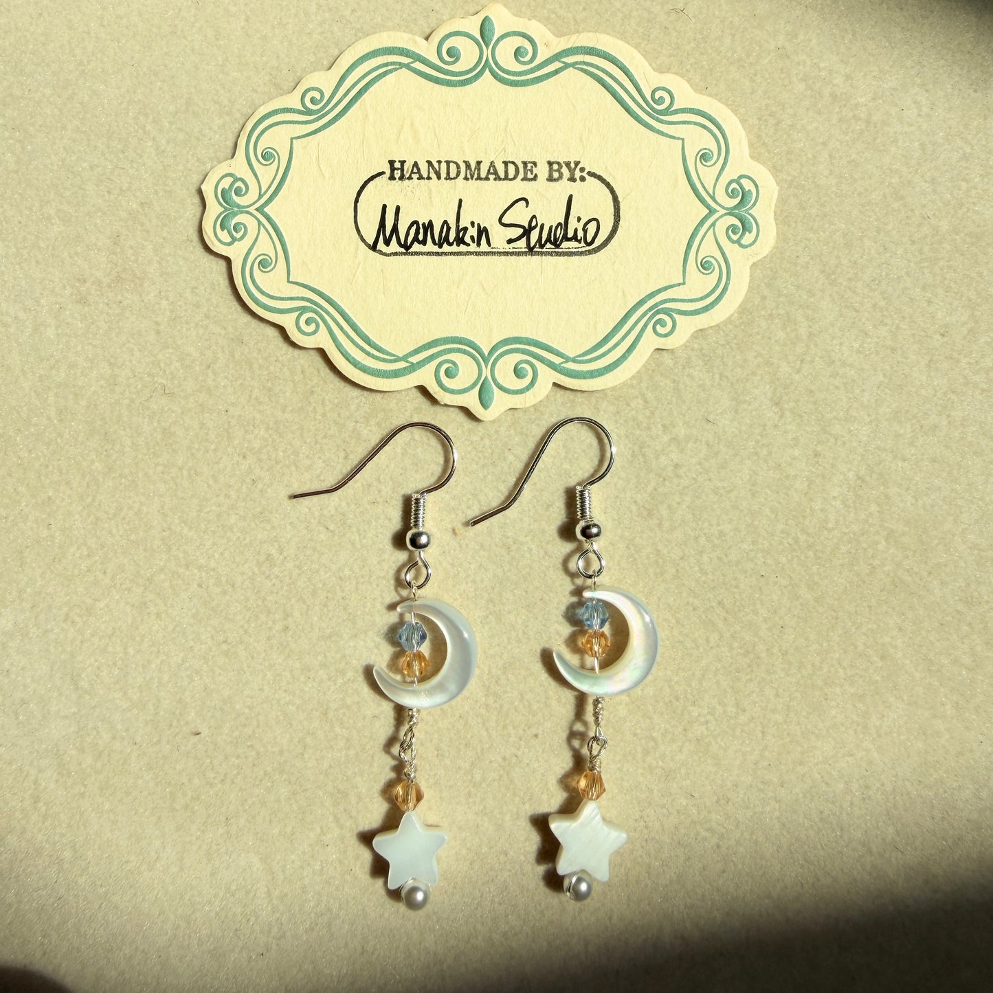 Handmade Mother of Pearl Crescent Moon & Star Dangle Earrings
