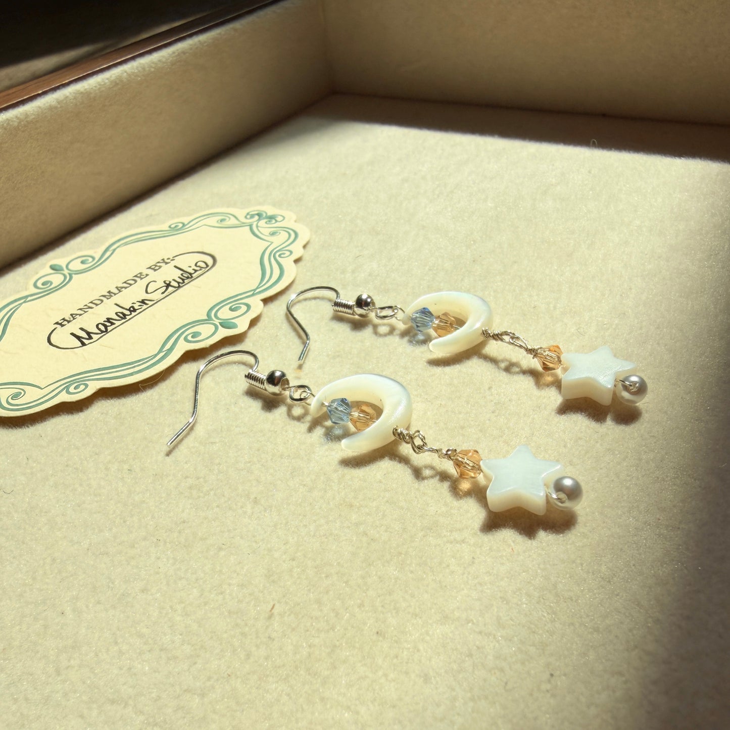 Handmade Mother of Pearl Crescent Moon & Star Dangle Earrings