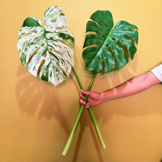 Real Touch Faux Monstera Leaf Stem, Moist Feel Artificial Tropical Foliage, Variegated Green Decor