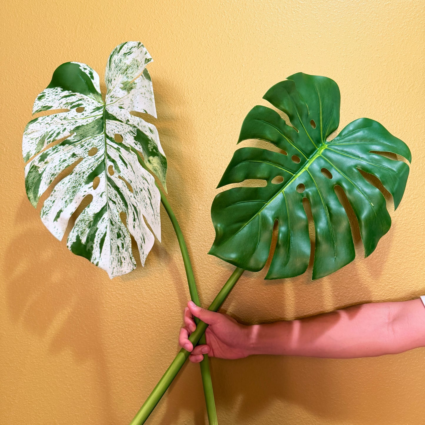 Real Touch Faux Monstera Leaf Stem, Moist Feel Artificial Tropical Foliage, Variegated Green Decor