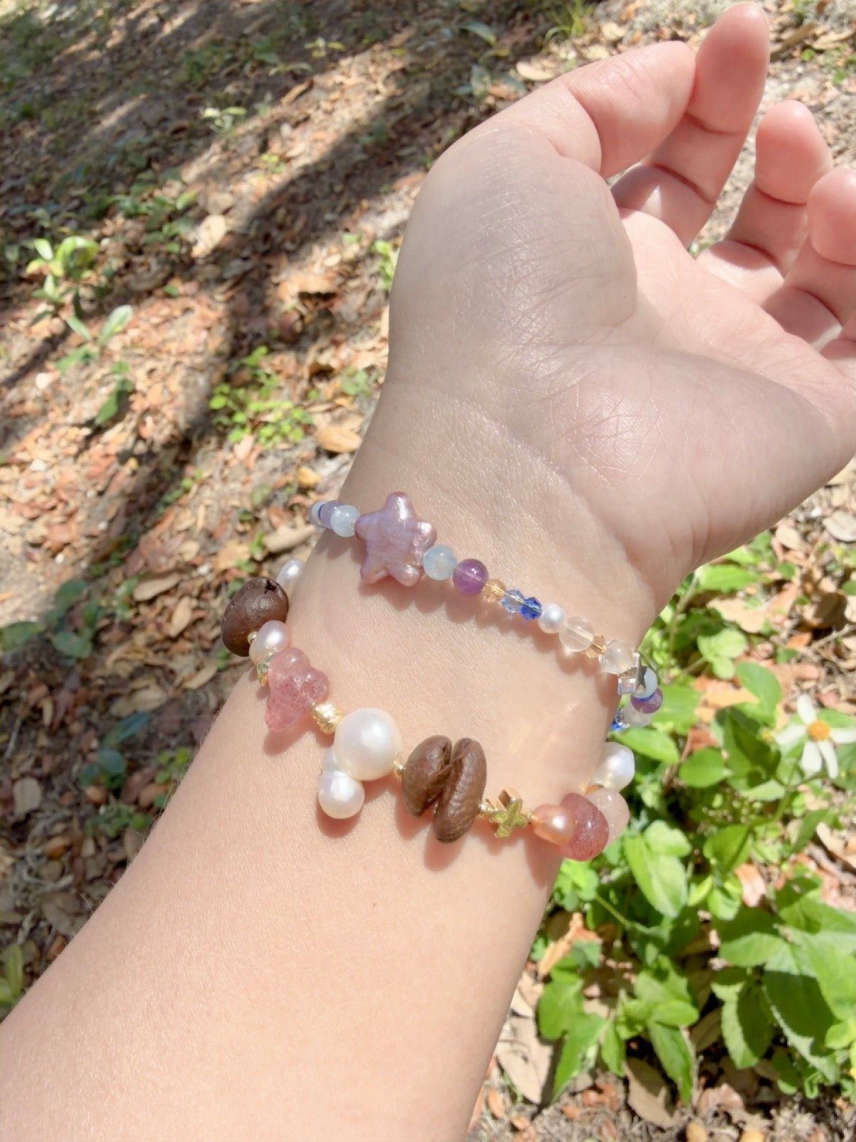 Handmade Coffee Bean and Baroque Pearl Bracelet, Pink Quartz Crystal Jewelry, 18k Gold Plated, Unique Gift for Coffee Lovers