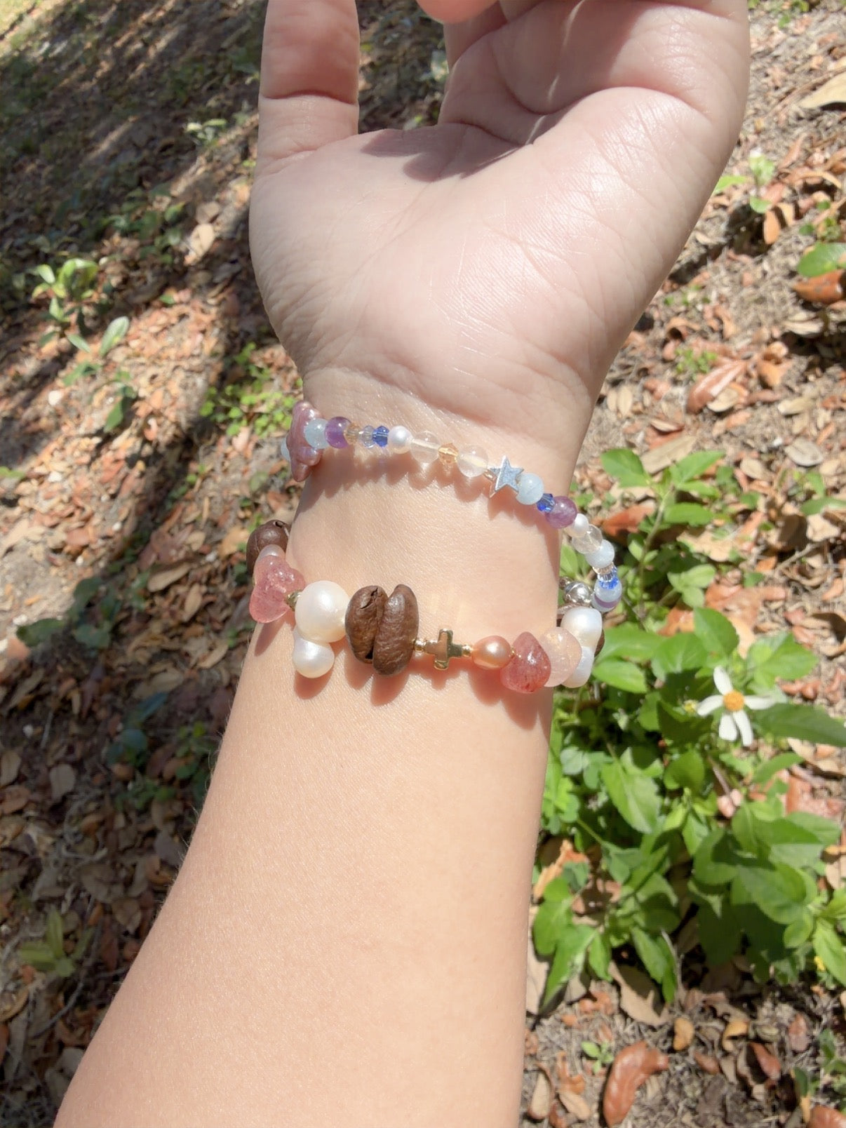 Handmade Coffee Bean and Baroque Pearl Bracelet, Pink Quartz Crystal Jewelry, 18k Gold Plated, Unique Gift for Coffee Lovers