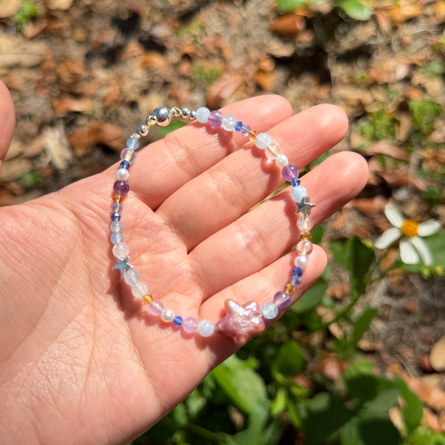 Stardust Dream: Genuine Star Shaped Baroque Pearl Bracelet, Natural Aquamarine Amethyst White Chalcedony Beads, Celestial Star Bracelet