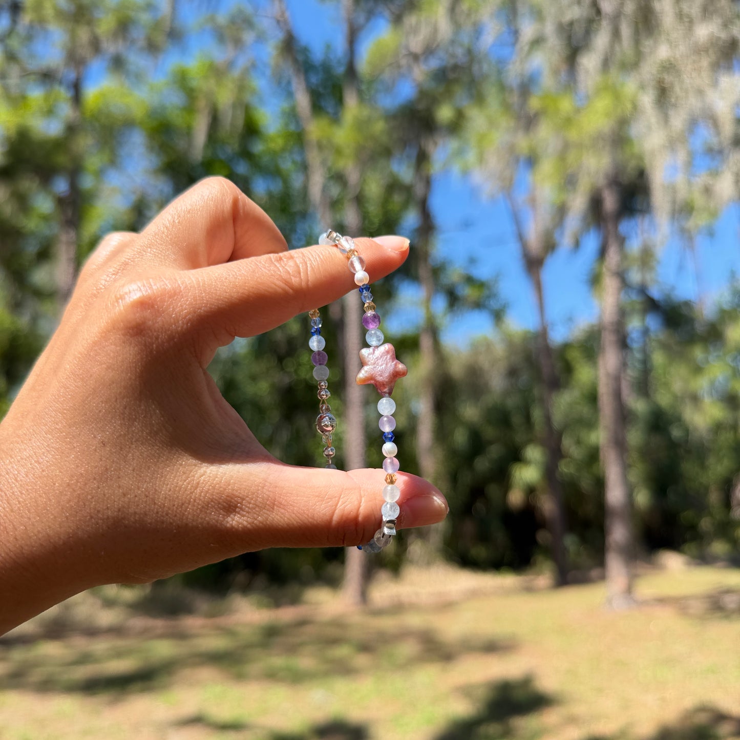 Stardust Dream: Genuine Star Shaped Baroque Pearl Bracelet, Natural Aquamarine Amethyst White Chalcedony Beads, Celestial Star Bracelet