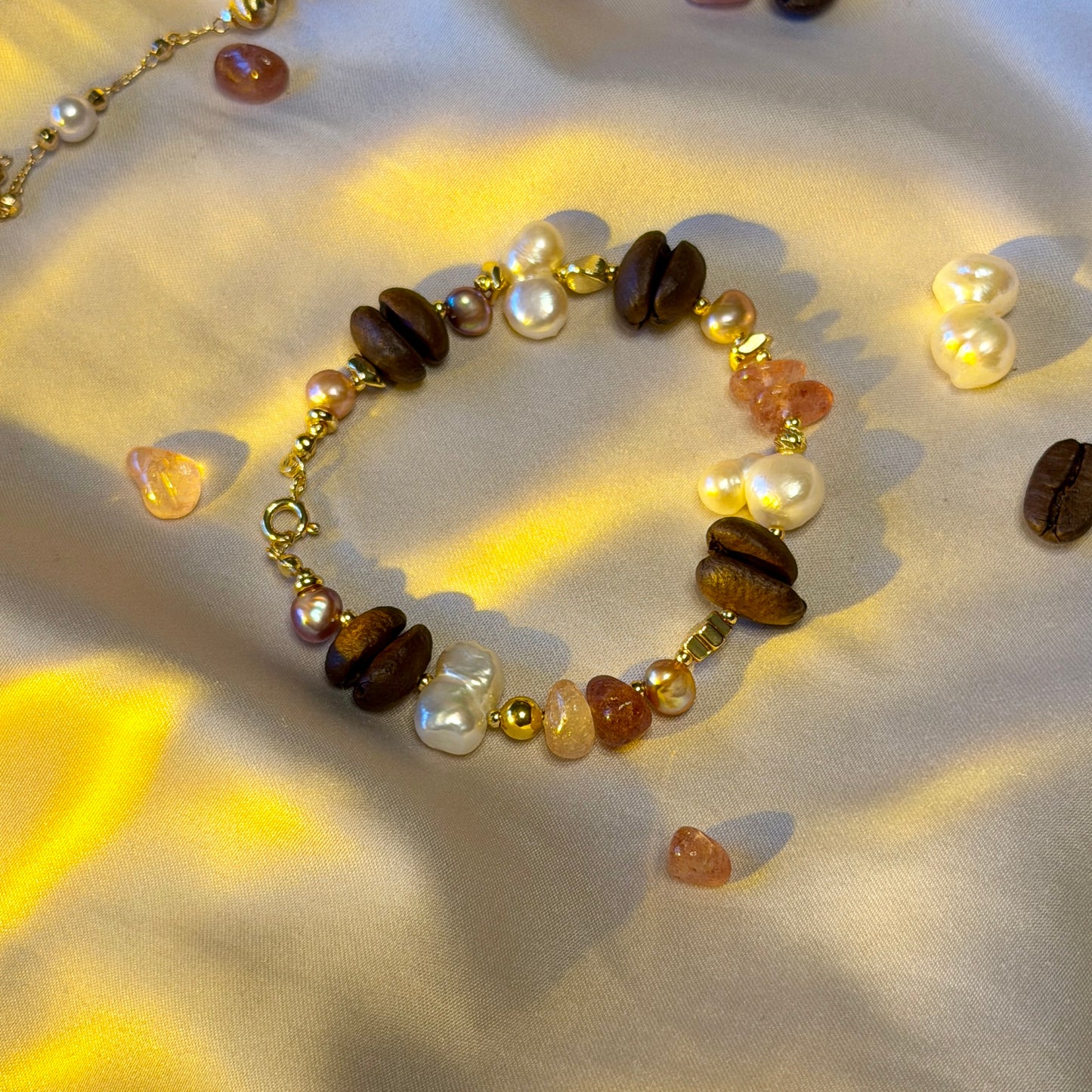 Handmade Coffee Bean and Baroque Pearl Bracelet, Pink Quartz Crystal Jewelry, 18k Gold Plated, Unique Gift for Coffee Lovers