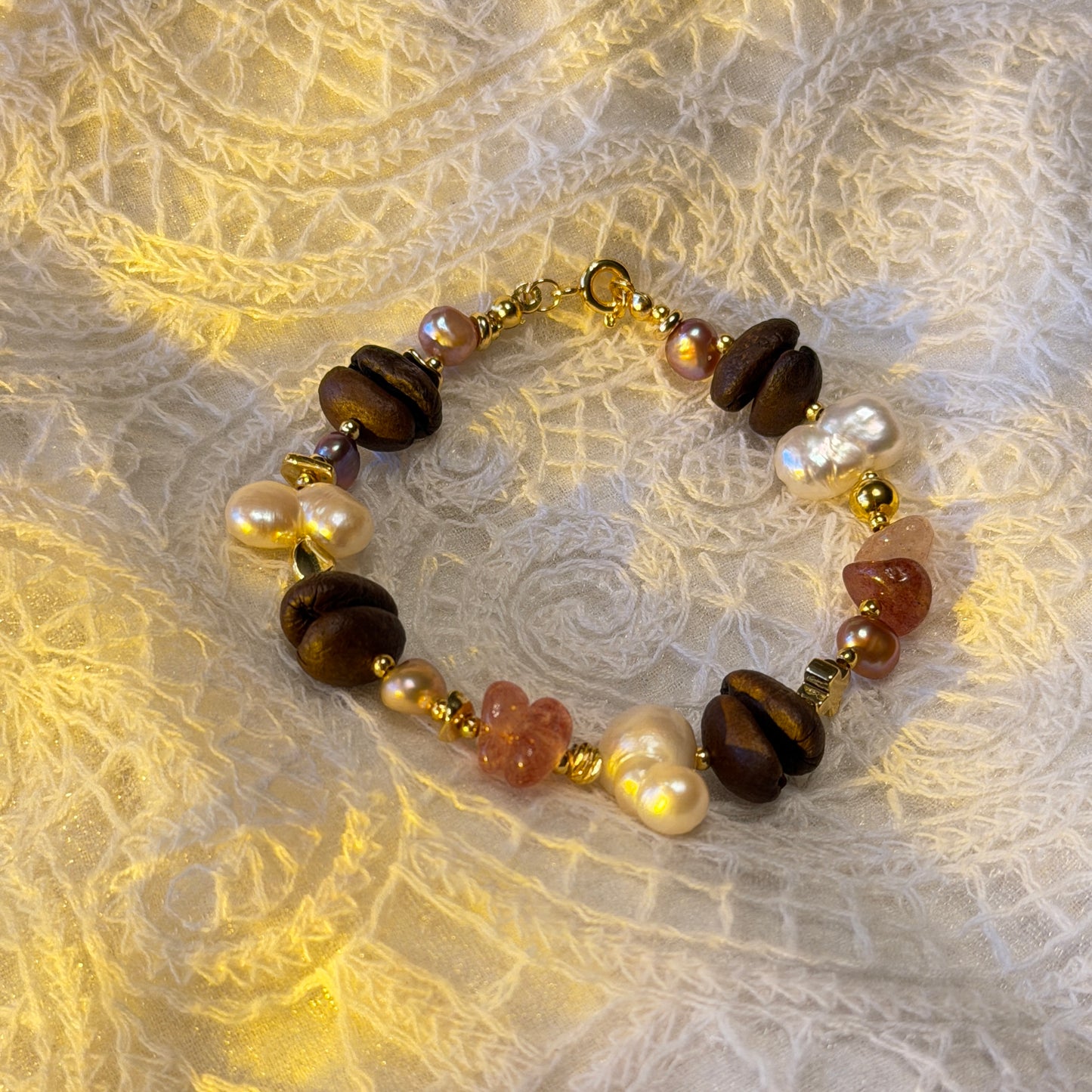 Handmade Coffee Bean and Baroque Pearl Bracelet, Pink Quartz Crystal Jewelry, 18k Gold Plated, Unique Gift for Coffee Lovers