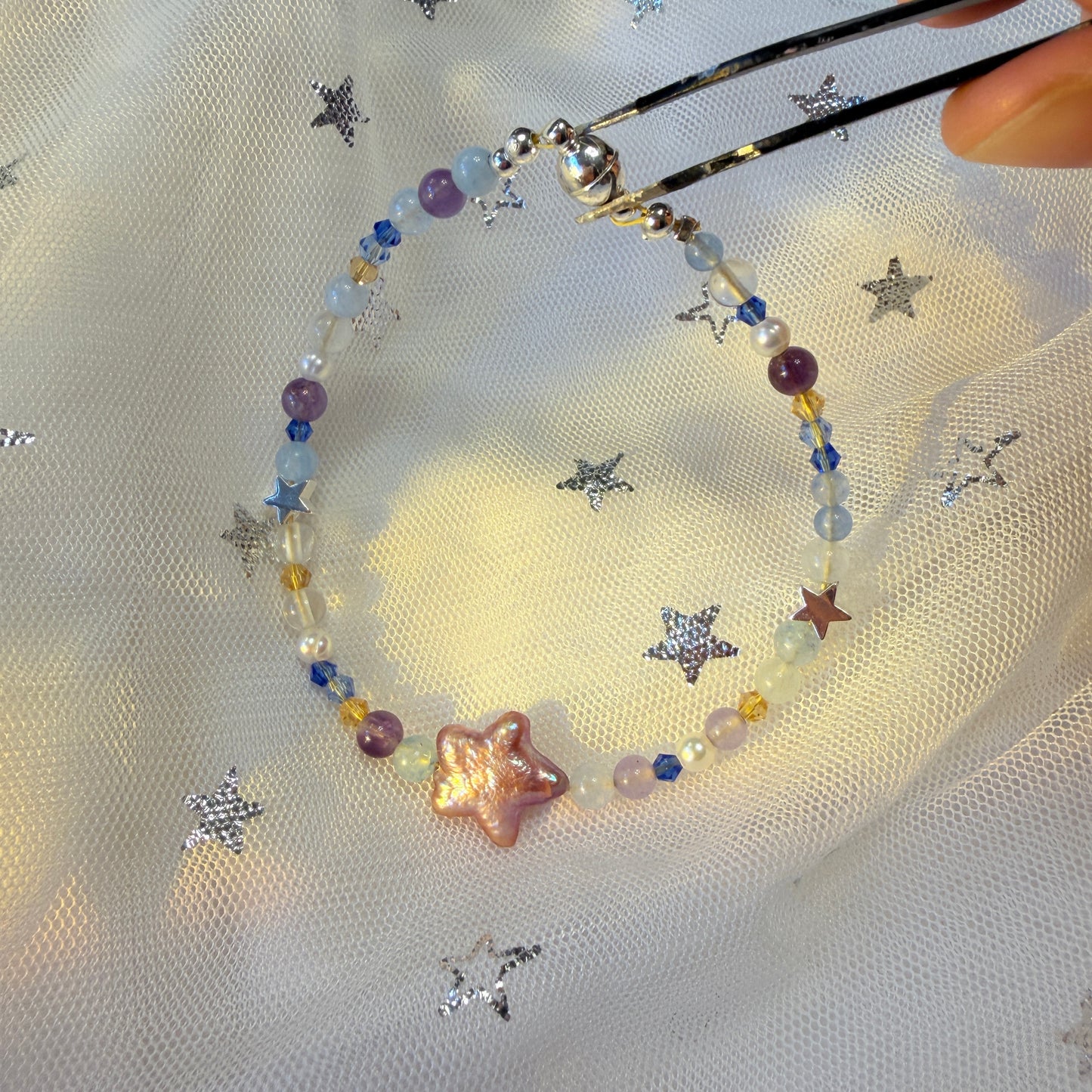 Stardust Dream: Genuine Star Shaped Baroque Pearl Bracelet, Natural Aquamarine Amethyst White Chalcedony Beads, Celestial Star Bracelet