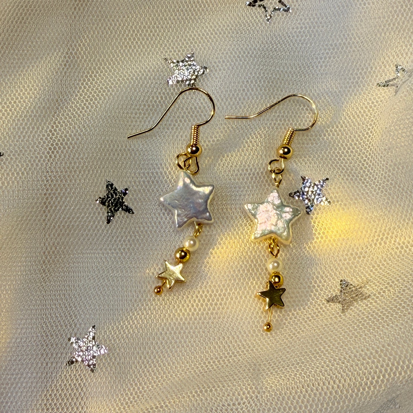 Stardust Dream Minimalist Star Shaped Baroque Pearl Dangle Earrings, 18K Gold Plated Star Charm, Dainty Gift for Her