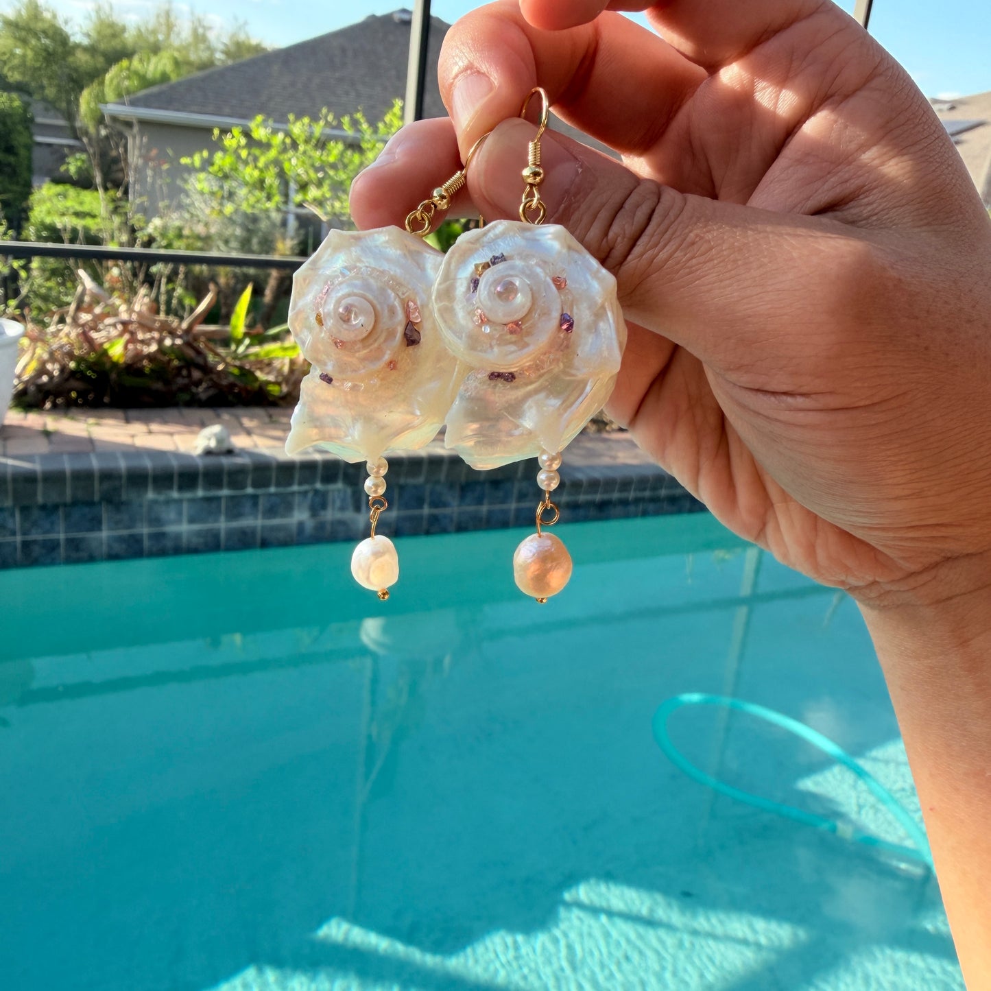 Handcrafted Iridescent Angaria Seashell Earrings with Baroque Pearls, 18K Gold-Plated Copper, Natural Dolphin Shell Drop Earrings