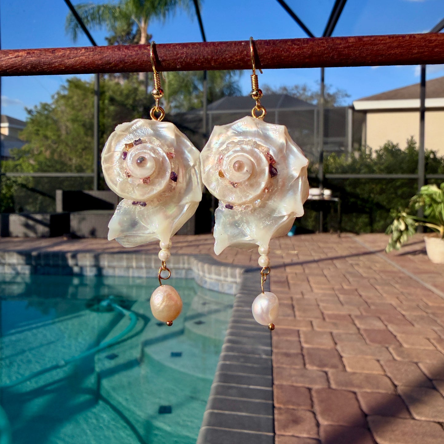 Handcrafted Iridescent Angaria Seashell Earrings with Baroque Pearls, 18K Gold-Plated Copper, Natural Dolphin Shell Drop Earrings
