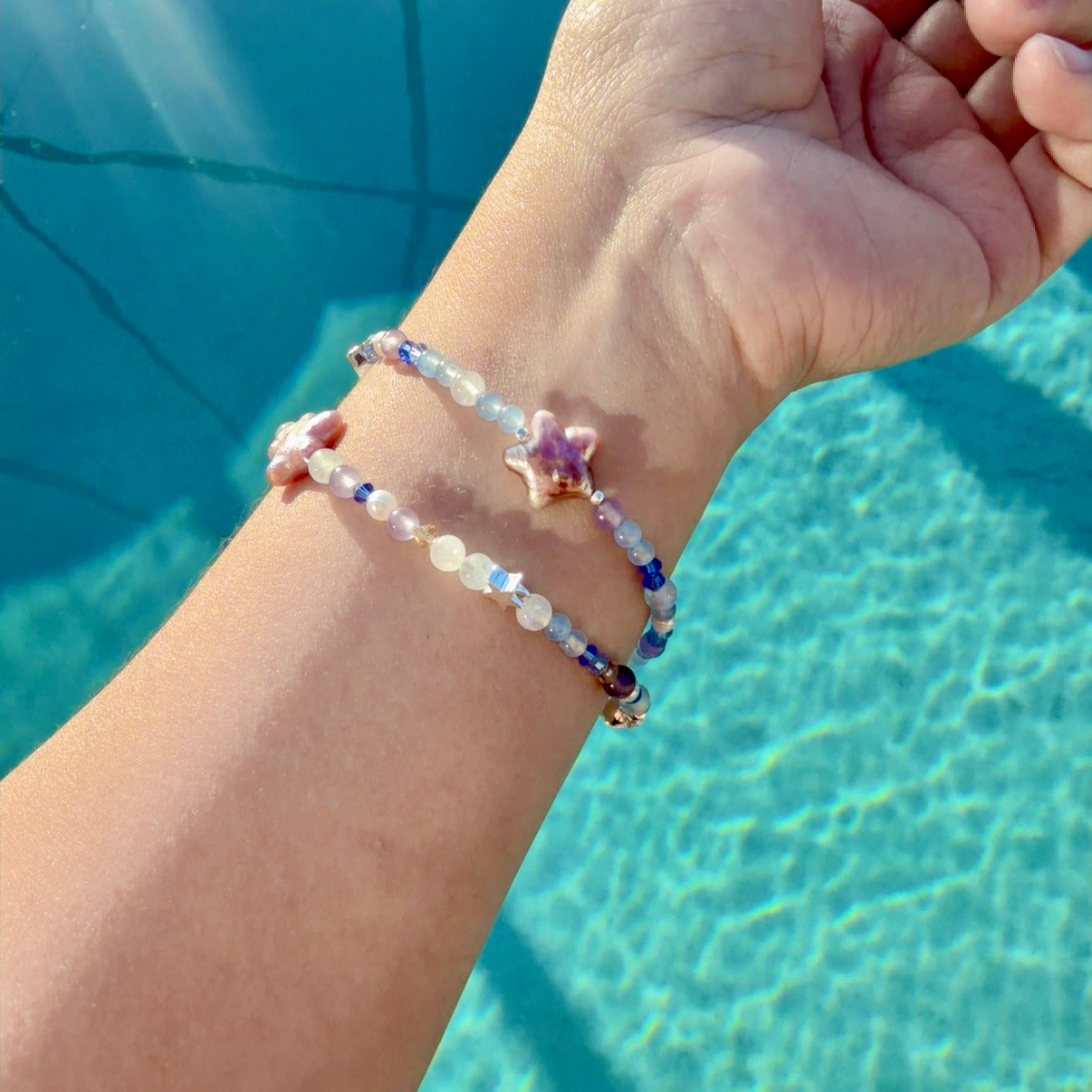 Stardust Dream: Genuine Star Shaped Baroque Pearl Bracelet, Natural Aquamarine Amethyst White Chalcedony Beads, Celestial Star Bracelet
