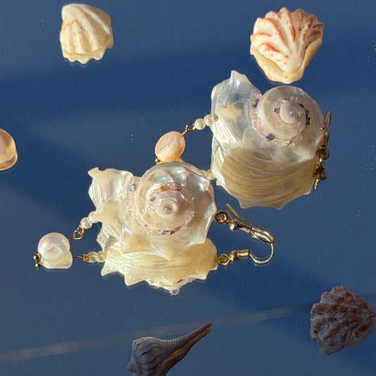 Handcrafted Iridescent Angaria Seashell Earrings with Baroque Pearls, 18K Gold-Plated Copper, Natural Dolphin Shell Drop Earrings