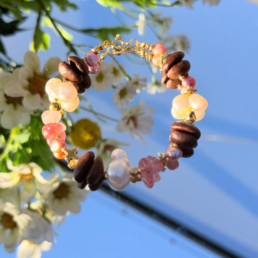 Handmade Coffee Bean and Baroque Pearl Bracelet, Pink Quartz Crystal Jewelry, 18k Gold Plated, Unique Gift for Coffee Lovers