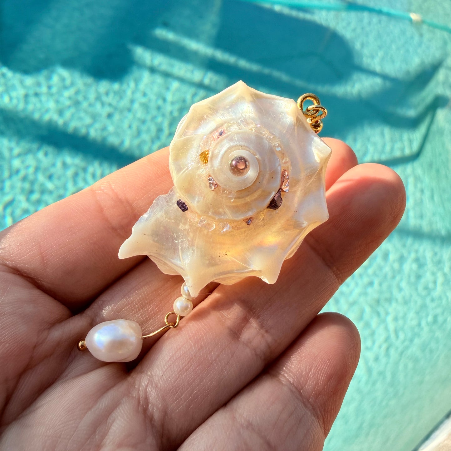 Handcrafted Iridescent Angaria Seashell Earrings with Baroque Pearls, 18K Gold-Plated Copper, Natural Dolphin Shell Drop Earrings