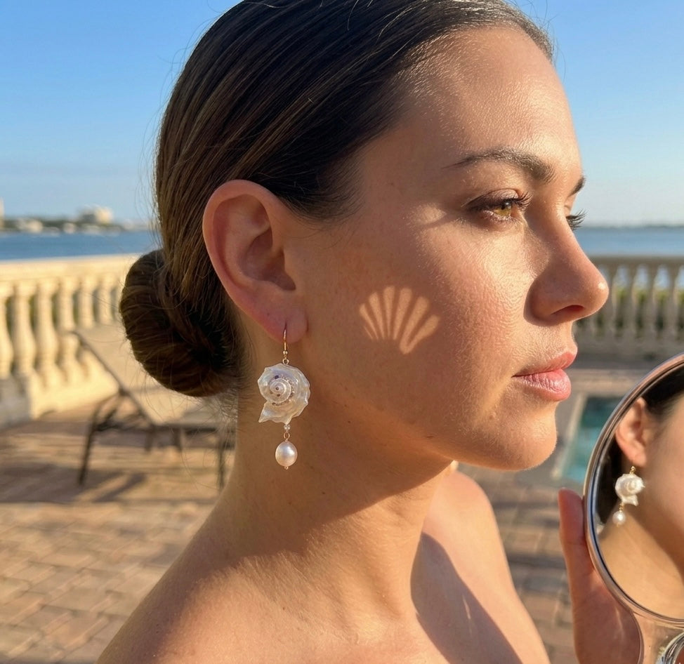 Handcrafted Iridescent Angaria Seashell Earrings with Baroque Pearls, 18K Gold-Plated Copper, Natural Dolphin Shell Drop Earrings