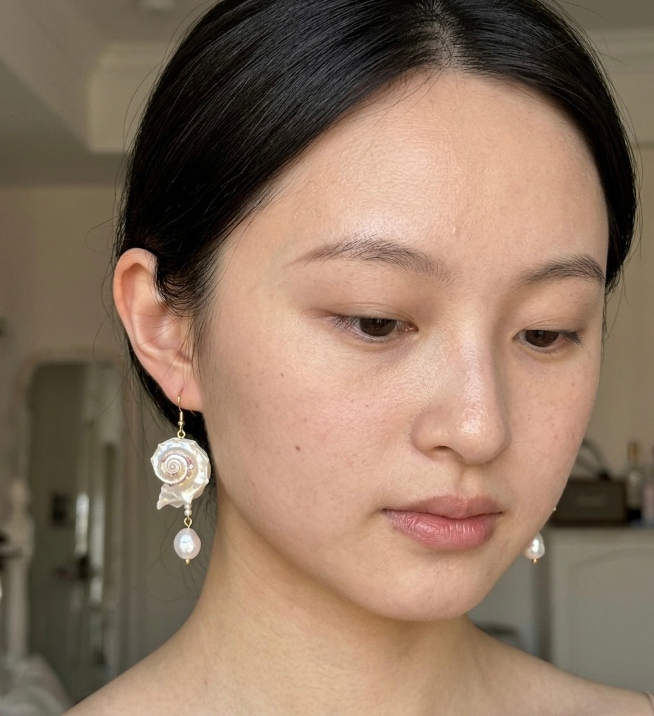 Handcrafted Iridescent Angaria Seashell Earrings with Baroque Pearls, 18K Gold-Plated Copper, Natural Dolphin Shell Drop Earrings