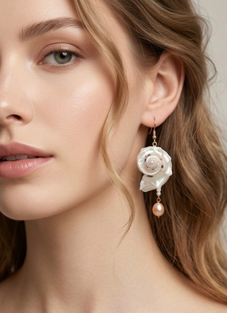Handcrafted Iridescent Angaria Seashell Earrings with Baroque Pearls, 18K Gold-Plated Copper, Natural Dolphin Shell Drop Earrings