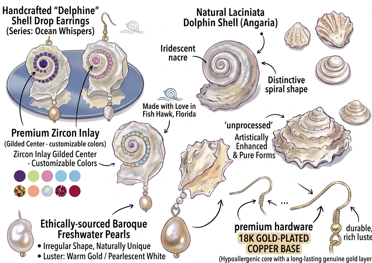 Handcrafted Iridescent Angaria Seashell Earrings with Baroque Pearls, 18K Gold-Plated Copper, Natural Dolphin Shell Drop Earrings