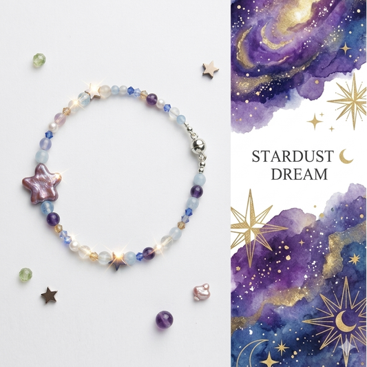 Stardust Dream: Genuine Star Shaped Baroque Pearl Bracelet, Natural Aquamarine Amethyst White Chalcedony Beads, Celestial Star Bracelet