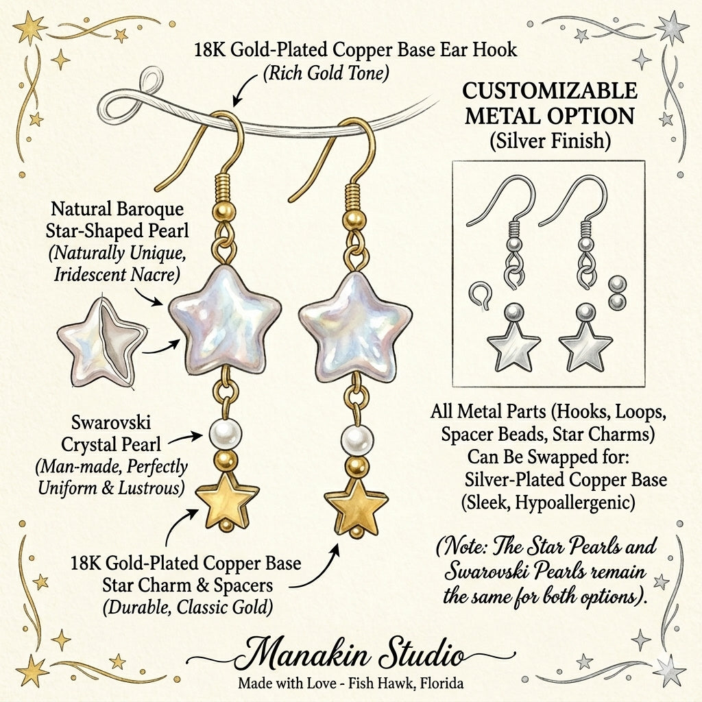 Stardust Dream Minimalist Star Shaped Baroque Pearl Dangle Earrings, 18K Gold Plated Star Charm, Dainty Gift for Her