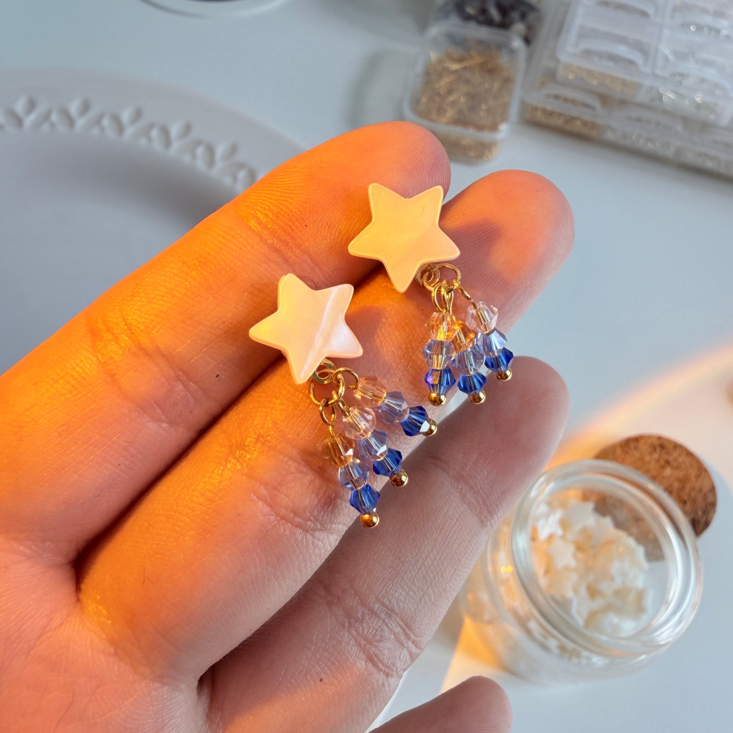 Stardust Dream Mother of Pearl Star Earrings - Iridescent Shell & Multi-color Spinel - 18k Gold Plated Fairy Jewelry