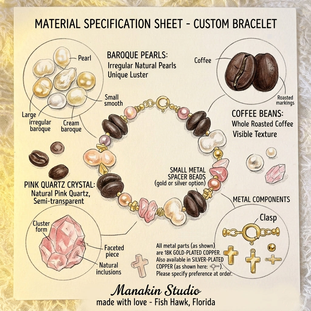 Handmade Coffee Bean and Baroque Pearl Bracelet, Pink Quartz Crystal Jewelry, 18k Gold Plated, Unique Gift for Coffee Lovers