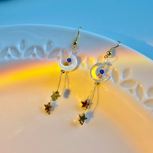 Handmade Celestial White Mother of Pearl Moon & Star Dangle Earrings - 18K Gold Plated Brass - Ethereal Whimsical Jewelry