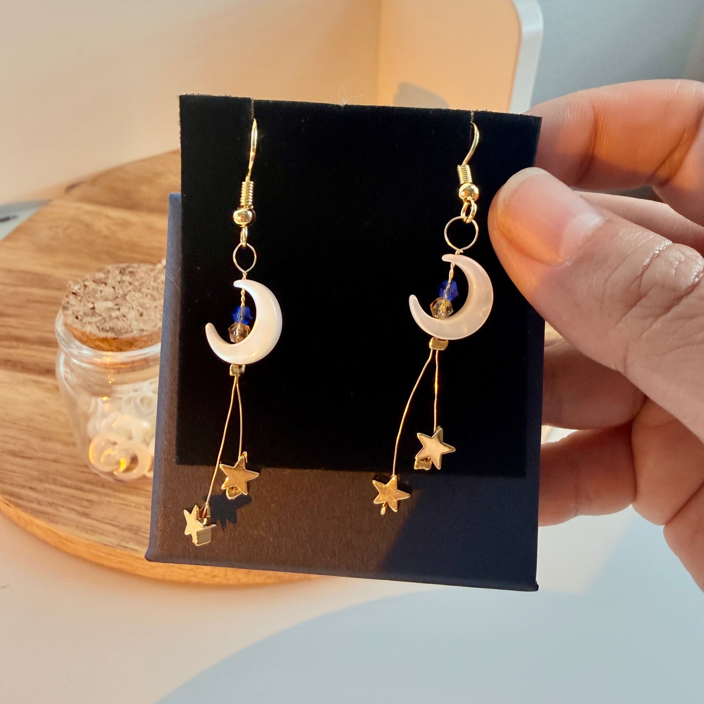 Handmade Celestial White Mother of Pearl Moon & Star Dangle Earrings - 18K Gold Plated Brass - Ethereal Whimsical Jewelry