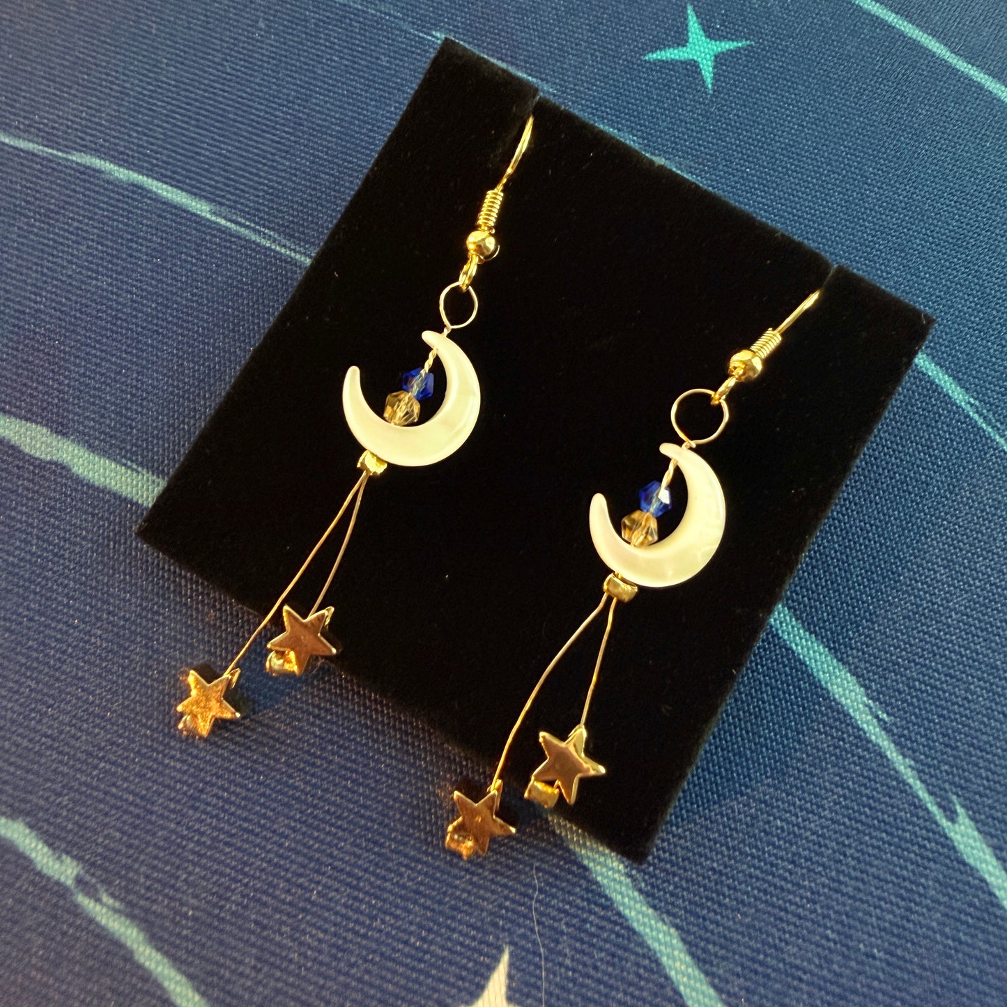 Handmade Celestial White Mother of Pearl Moon & Star Dangle Earrings - 18K Gold Plated Brass - Ethereal Whimsical Jewelry