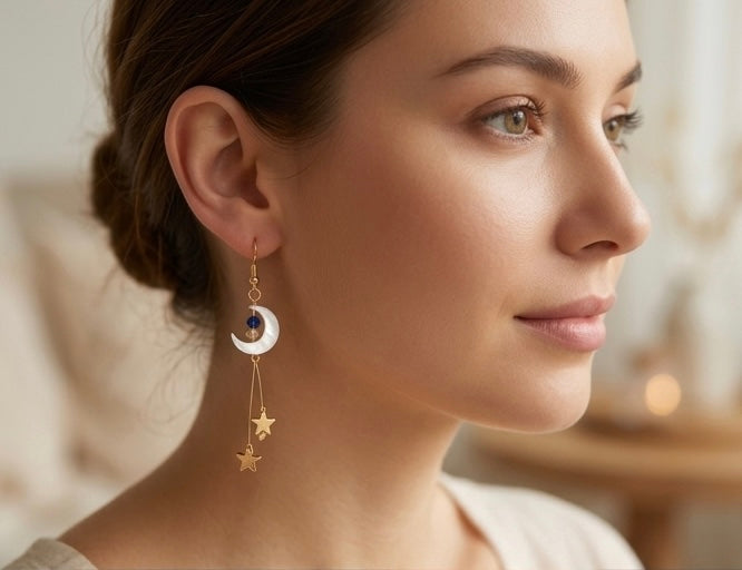 Handmade Celestial White Mother of Pearl Moon & Star Dangle Earrings - 18K Gold Plated Brass - Ethereal Whimsical Jewelry