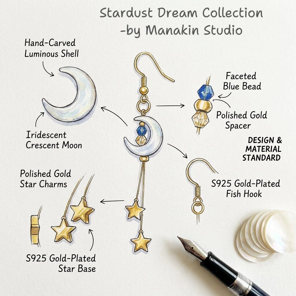 Handmade Celestial White Mother of Pearl Moon & Star Dangle Earrings - 18K Gold Plated Brass - Ethereal Whimsical Jewelry