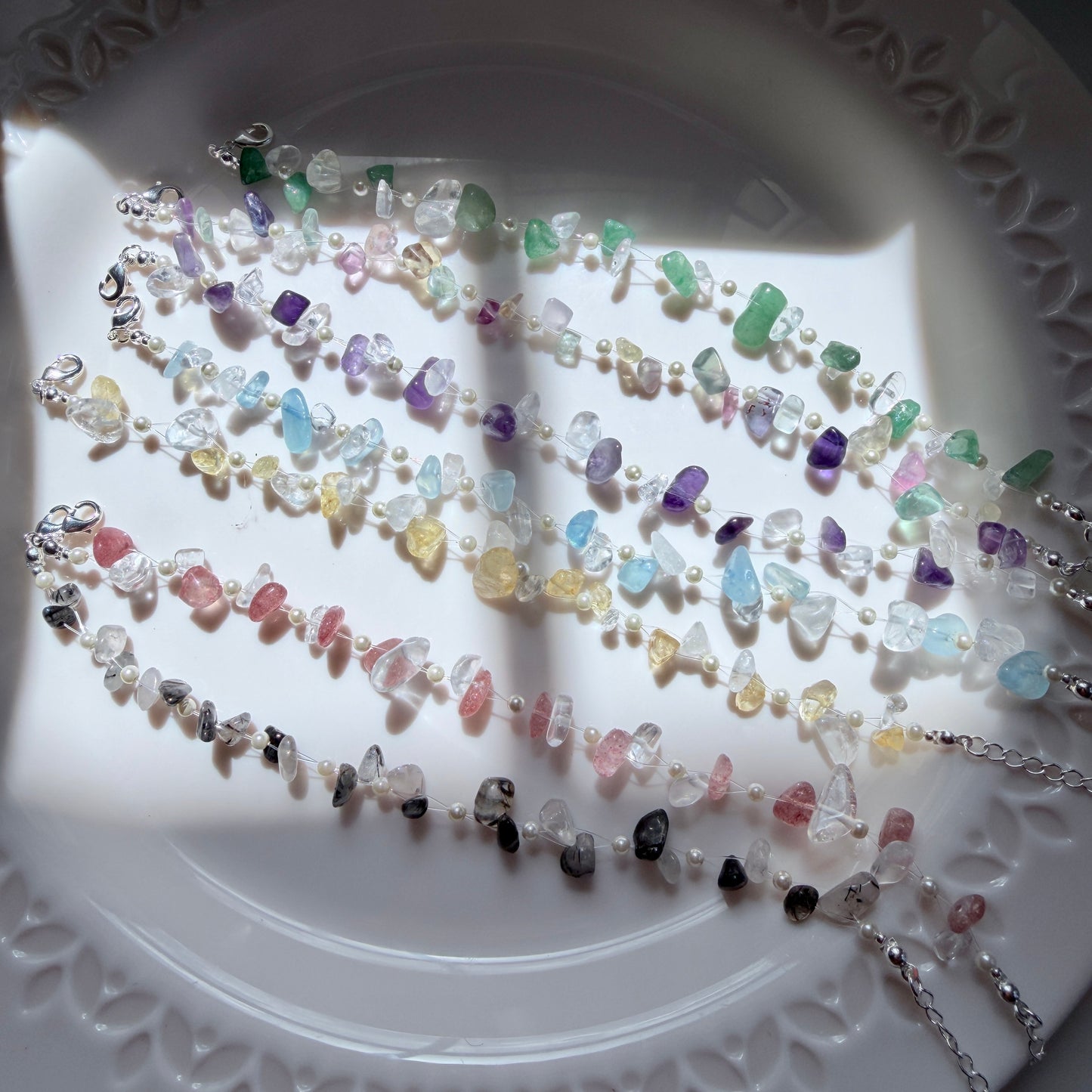 Handmade Natural Gemstone Chip Bracelet with Swarovski Pearls – Minimalist Boho Crystal Jewelry for Her