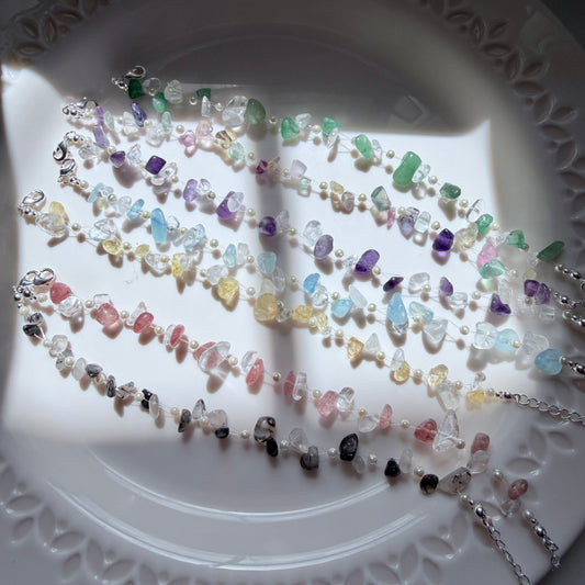 Handmade Natural Gemstone Chip Bracelet with Swarovski Pearls – Minimalist Boho Crystal Jewelry for Her