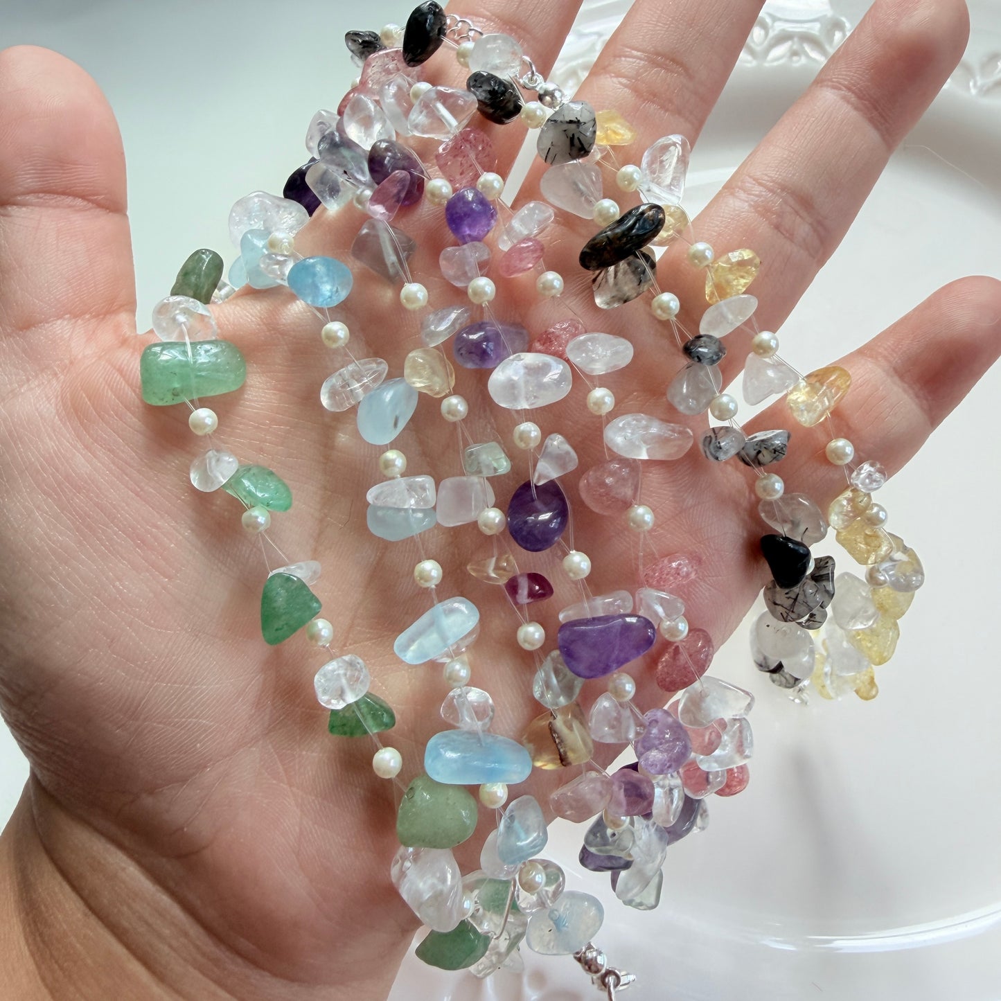 Handmade Natural Gemstone Chip Bracelet with Swarovski Pearls – Minimalist Boho Crystal Jewelry for Her
