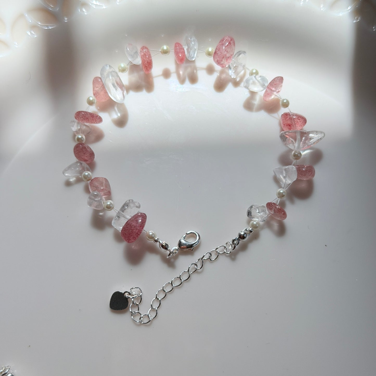 Handmade Natural Gemstone Chip Bracelet with Swarovski Pearls – Minimalist Boho Crystal Jewelry for Her