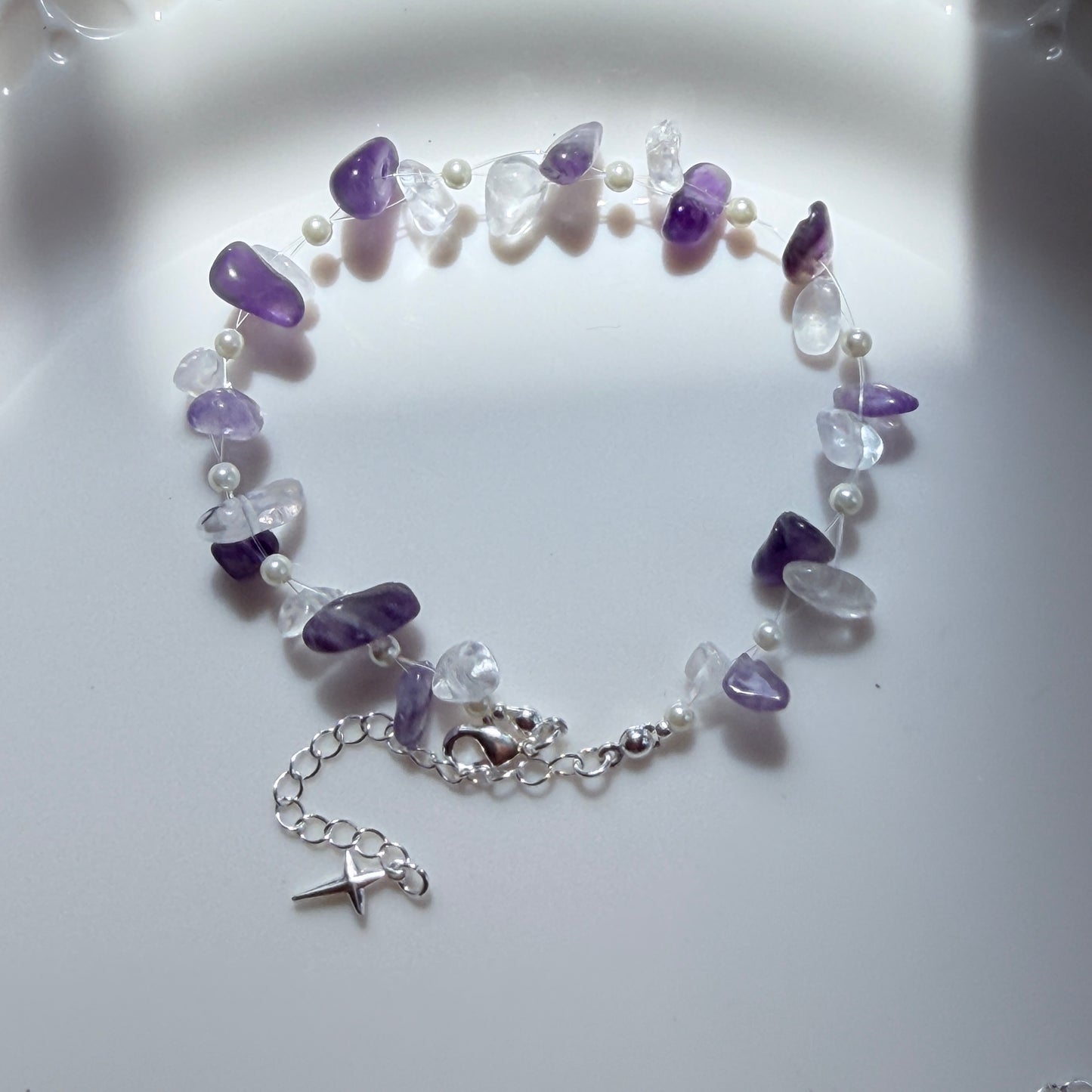 Handmade Natural Gemstone Chip Bracelet with Swarovski Pearls – Minimalist Boho Crystal Jewelry for Her