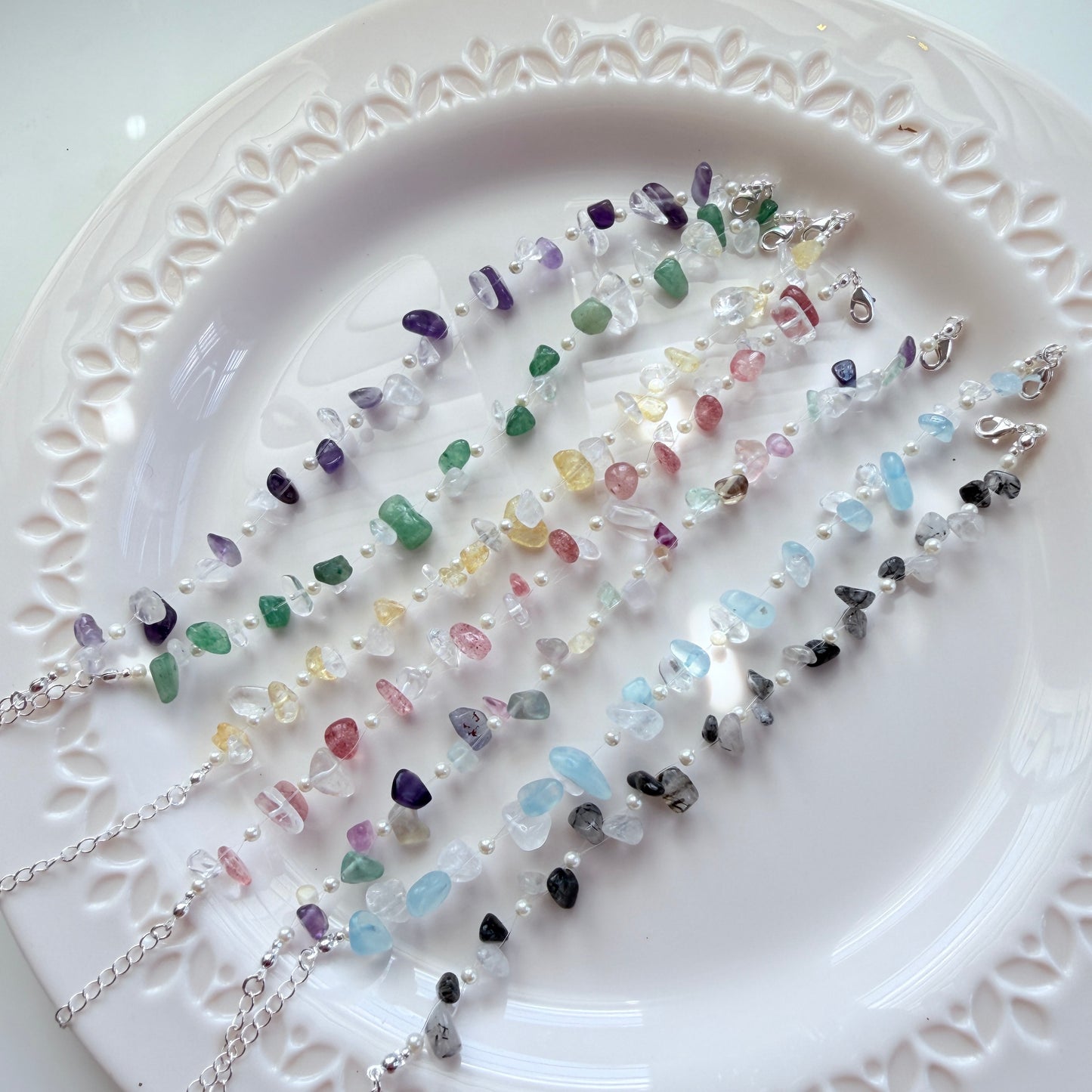 Handmade Natural Gemstone Chip Bracelet with Swarovski Pearls – Minimalist Boho Crystal Jewelry for Her
