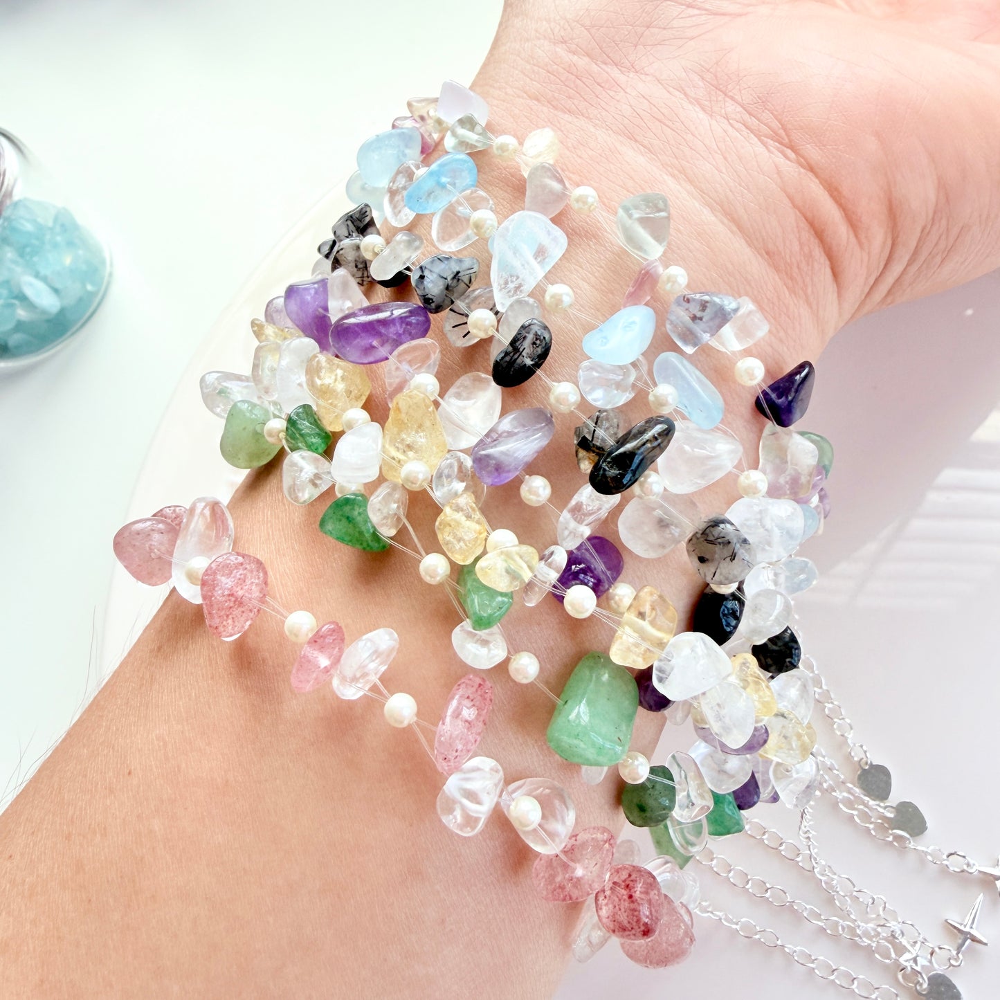 Handmade Natural Gemstone Chip Bracelet with Swarovski Pearls – Minimalist Boho Crystal Jewelry for Her