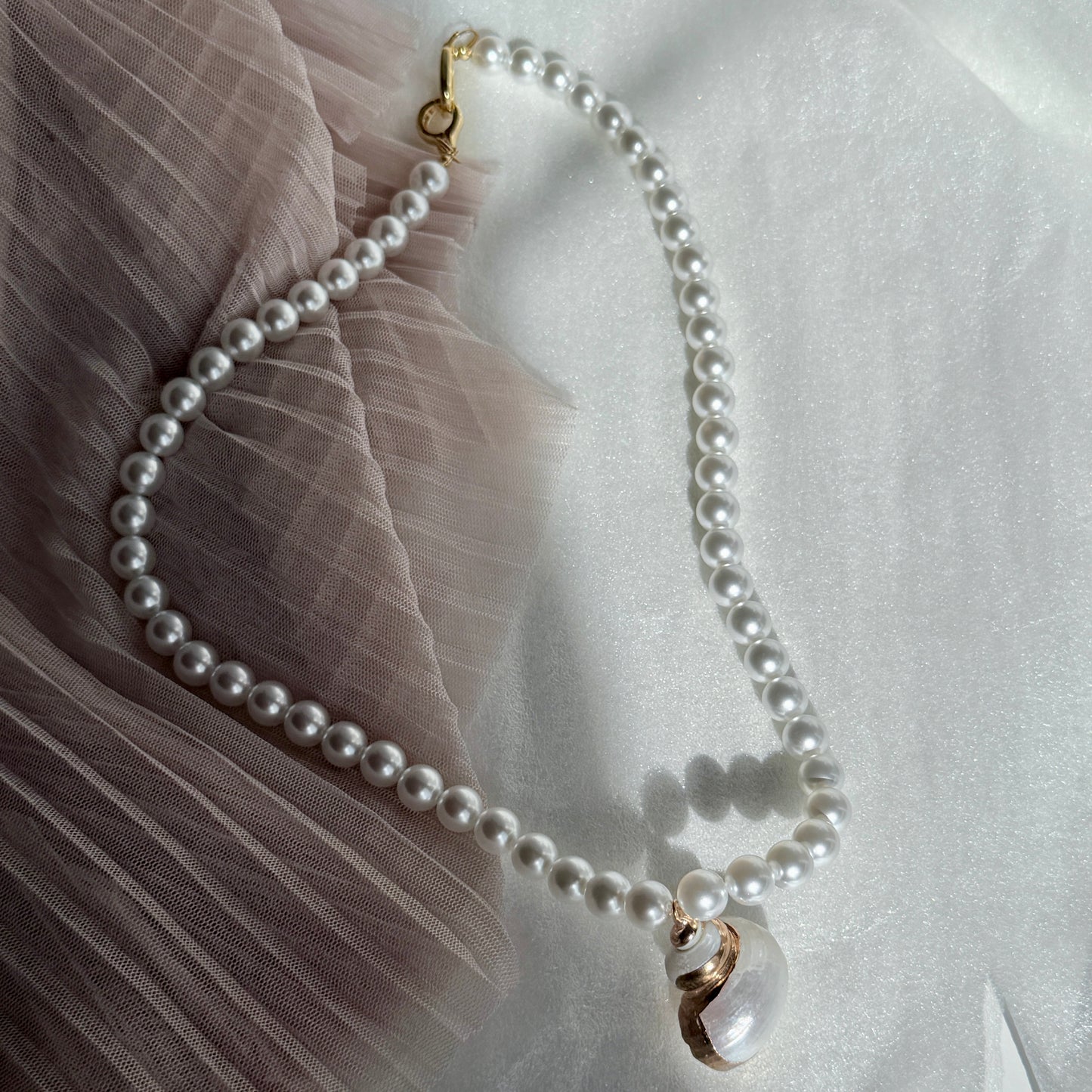 Timeless Ocean: Swarovski Pearl Necklace with Natural Snail Shell Pendant | 18K Gold Plated Copper