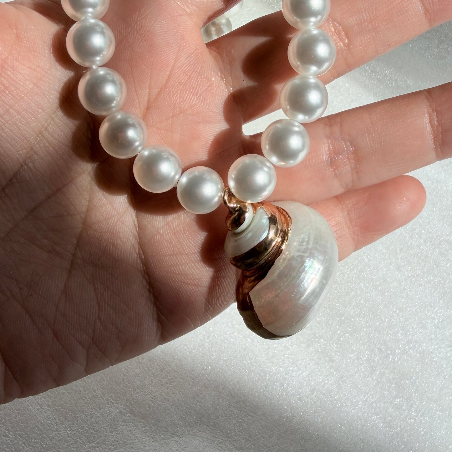 Timeless Ocean: Swarovski Pearl Necklace with Natural Snail Shell Pendant | 18K Gold Plated Copper