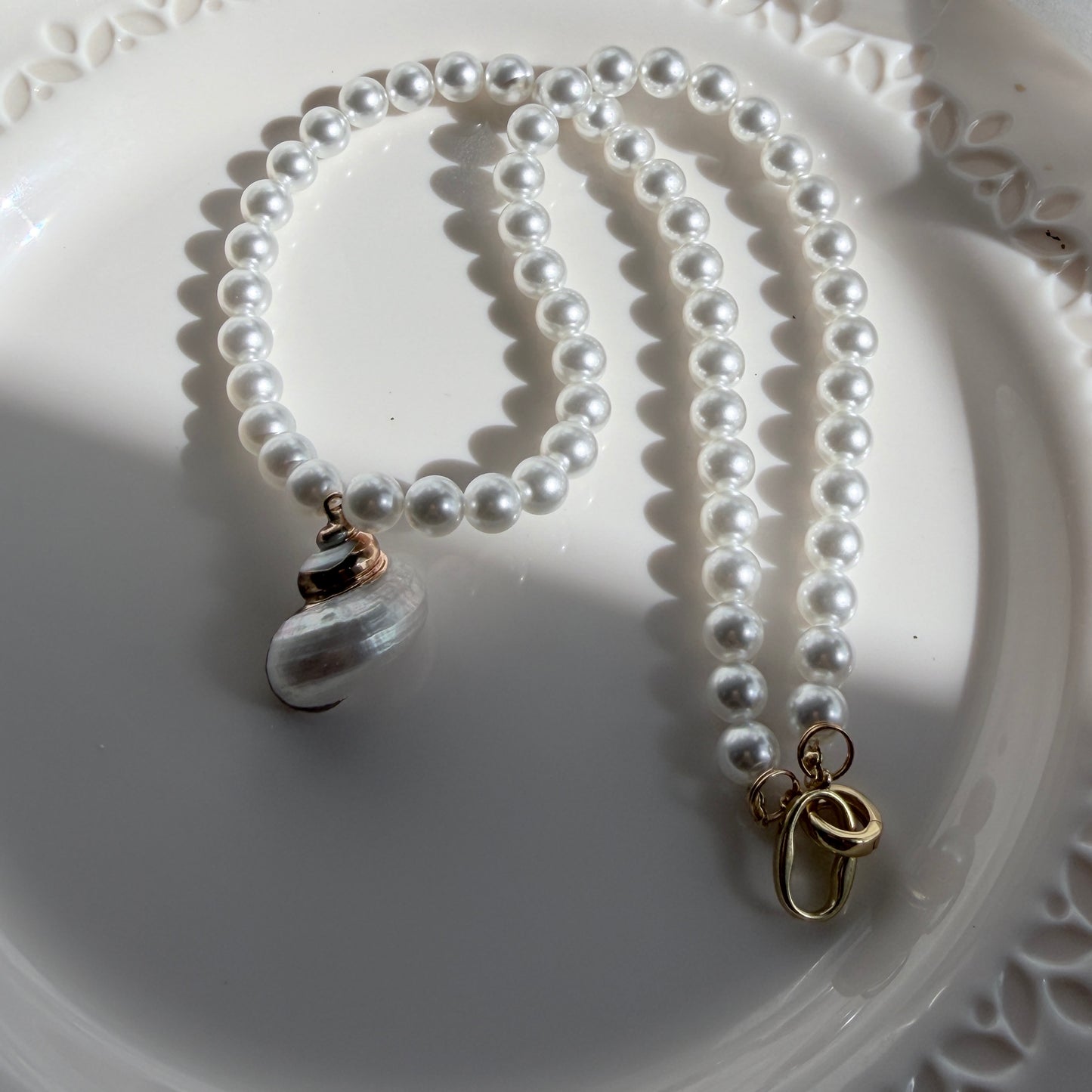 Timeless Ocean: Swarovski Pearl Necklace with Natural Snail Shell Pendant | 18K Gold Plated Copper