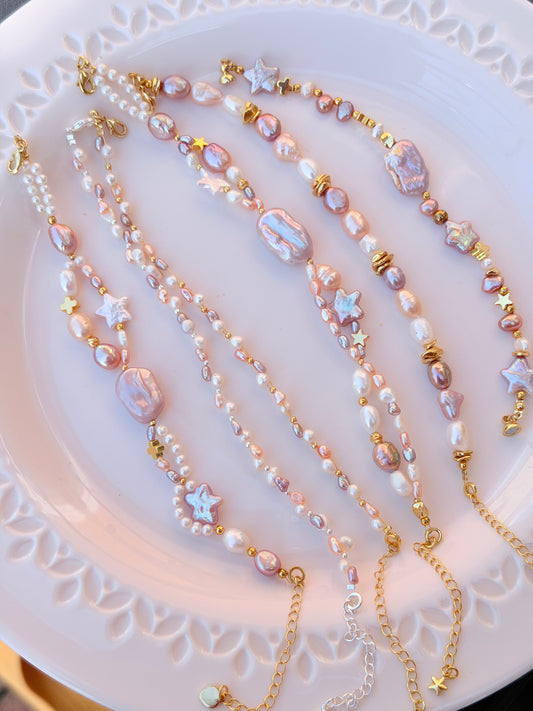 Baroque Pearl Bracelet – Handmade Irregular Freshwater Pearl Star Charm Bracelet (Pink & Gold)