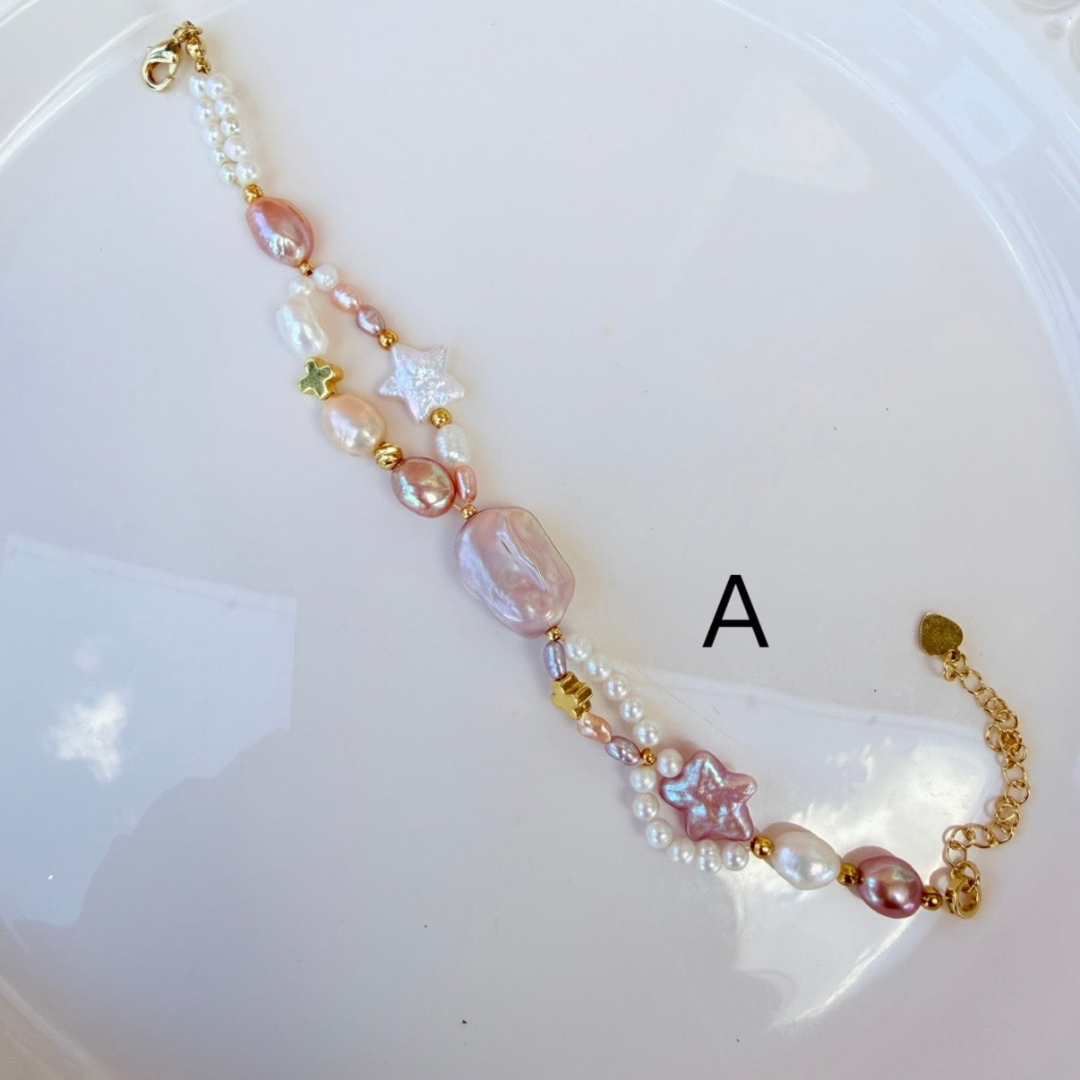 Baroque Pearl Bracelet – Handmade Irregular Freshwater Pearl Star Charm Bracelet (Pink & Gold)